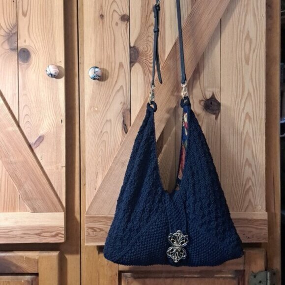 Hand Crafted Knit Three Triangle Cotton Bag Purse Tote Hobo - Picture 3 of 14